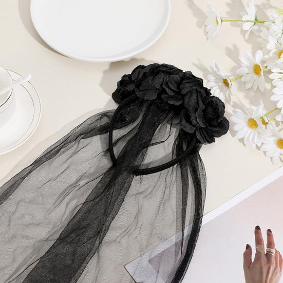 Halloween Devil Horn Hair Hoop Ox Horn Flower Veil Handmade Mesh Headband Party Cosplay Costume Accessory