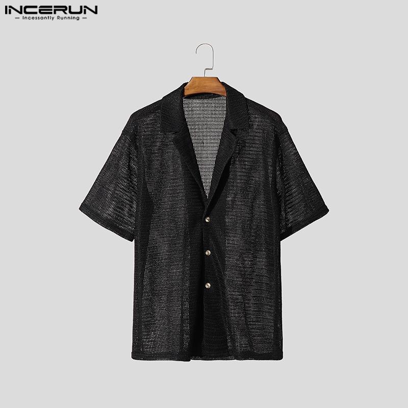 INCERUN Plus SIze Men Short Sleeve Solid Hollow Out Casual Texture Shirts