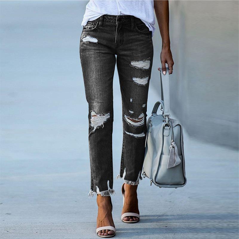 New Washed Ripped Fringed Women's Jeans Slim-fitting Elastic Pants