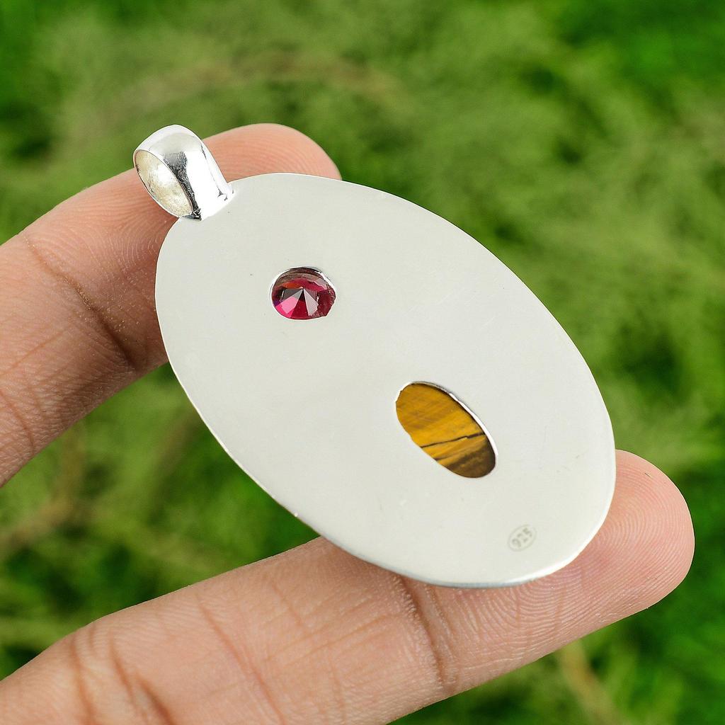 Sterling Silver Oval Tiger's Eye Gemstone Mozambique Garnet Elegant Wife Pendant