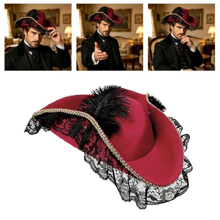Sombrero de Pirata Teatral de Lujo Diseñado con Encaje y Pluma Sombrero de Pirata de Halloween Para Ocasión Especial