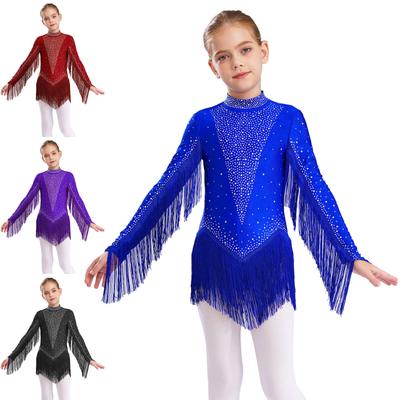 Glitzernde Strasssteine Quasten Trikot für Mädchen: Rollkragen Langarm Cut-Out Rücken Fransen Bodysuit für Lateinamerikanischen Tanz