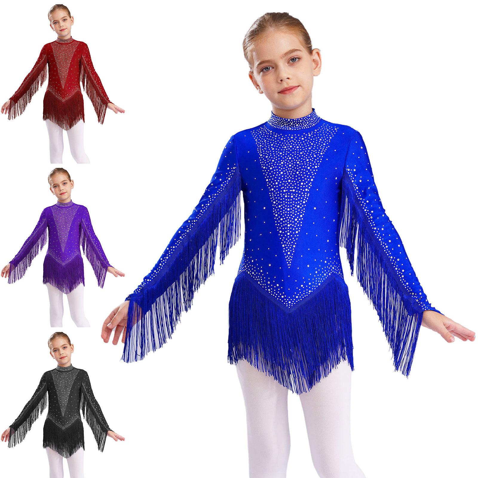 Body da ballo latino con nappe da ragazza, collo alto, maniche lunghe, schiena scoperta, strass scintillanti, frange cm violetto