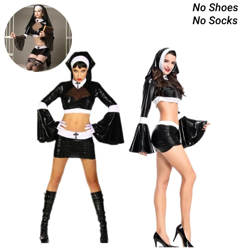Coated Halloween Split Nun Sexy Cosplay Costume Set Black Skirt Perform Party