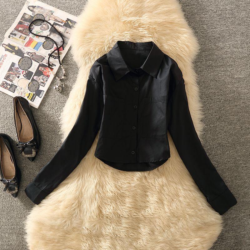 

Small Short Long Sleeves Shirt Women s 2025 New Fashionable Lapel Double Pocket Short Top Minimalist Easiest for Match Cardigan Black L