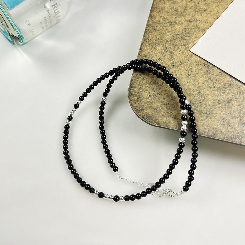 Náhrdelník z korálků z černého achátu ze sterlingového stříbra 925, korejský choker pro ženy
