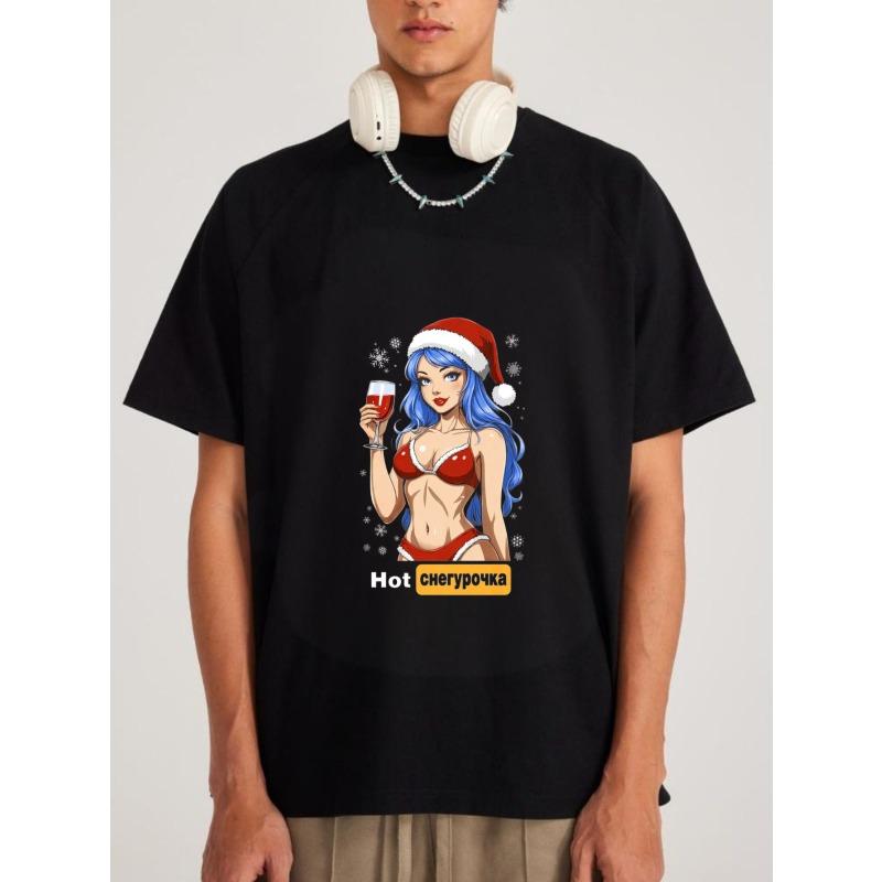 

Хлопковая футболка белая Горячая Снегурочка с бокалом вина и принтом шапки Санты Одежда для рождественской вечеринки XXXXL чёрный