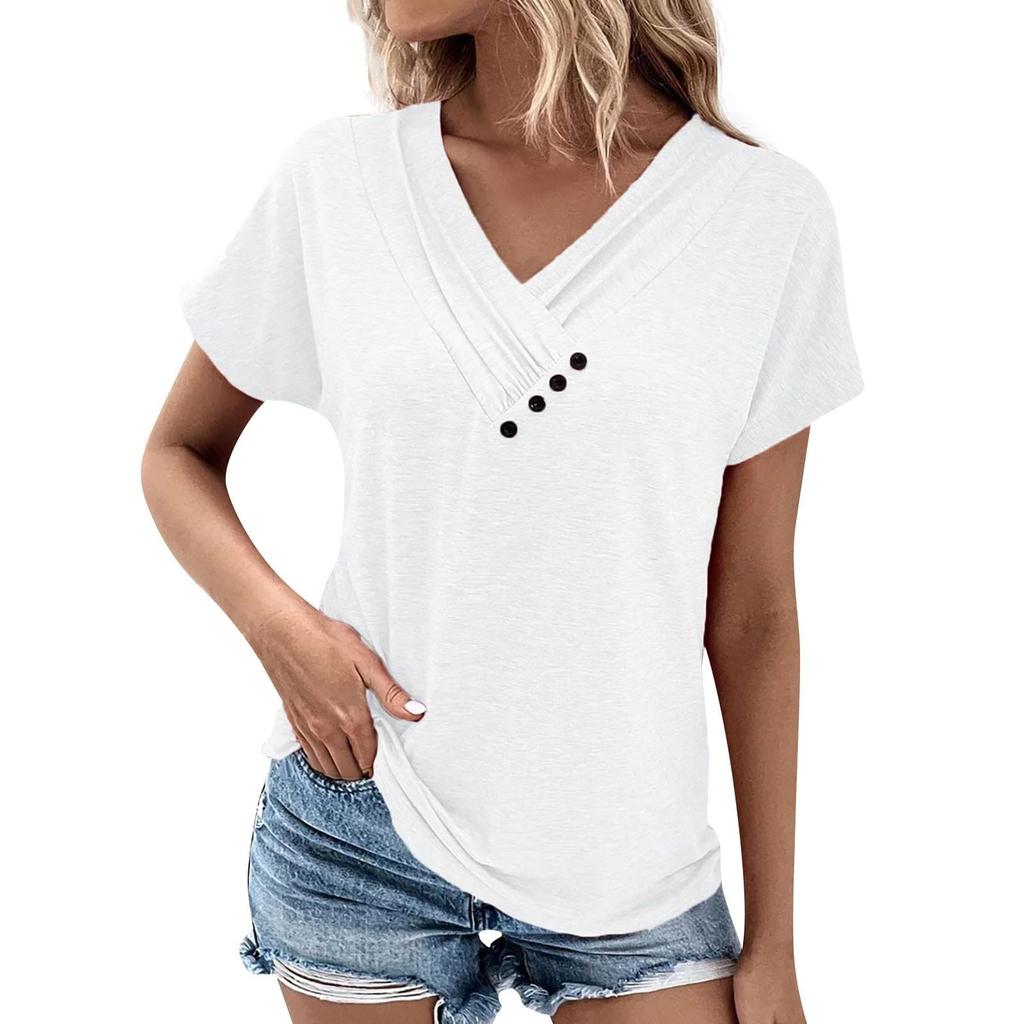 Women's Fashion Casual Summer Spring Solid Color Print Short Sleeve V-Neck Blouses & Shirts