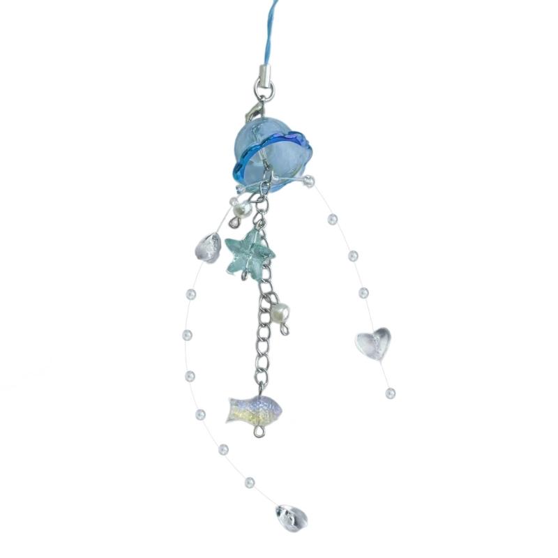 Elegant Jellyfish Inspired Phone Charm Portable Keychain with Crystal Star and Pearls Accents for Phone Accessorizing