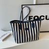Korean Style Stripe Canvas Tote Bag Zipper Shopping Handbag Casual Shoulder Bag  Travel