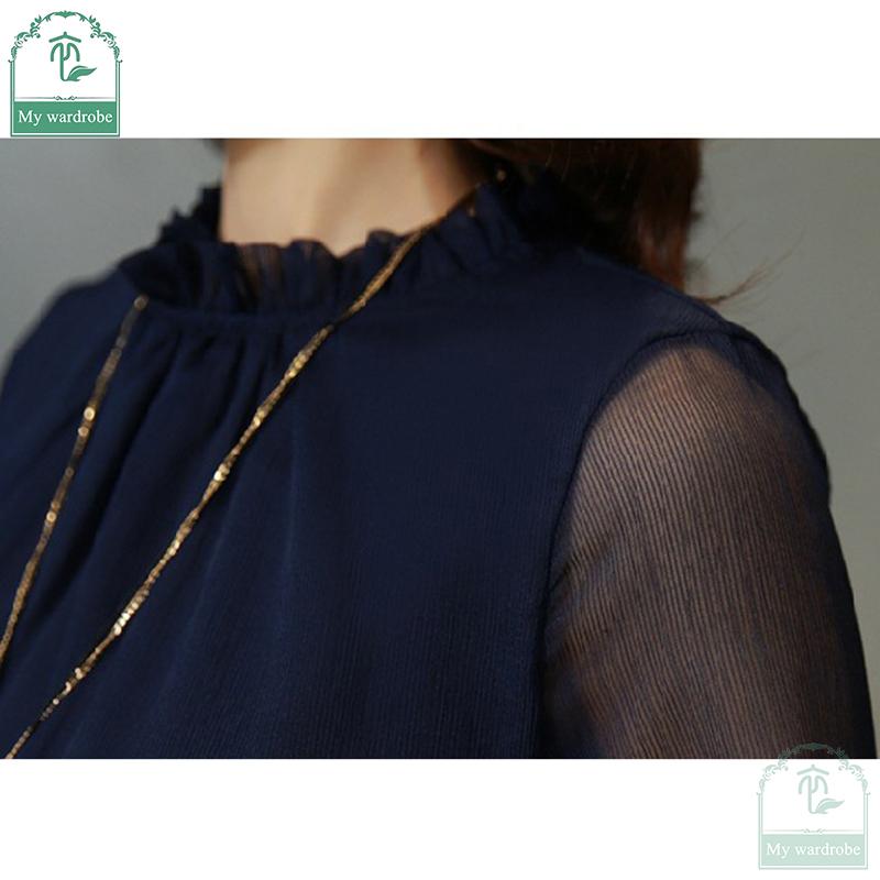 Lace Chiffon Shirt for Women Long-sleeved Shirt Ruffled Shirt Sexy Plus-size Top with Stand Up Collar