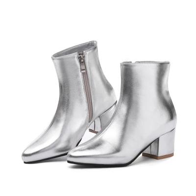 Damen Stiefeletten Koreanischer Stil Herbst und Winter Neue Spitze Kurze Stiefel Blockabsatz Seitenreißverschluss Warm Outdoor Damenschuhe