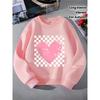 European sizes Kids' Crewneck Sweatshirt - Pink Heart On Checkered Background , Sportswear And Casual Wear, Soft And Comfortable, Children's Clothing