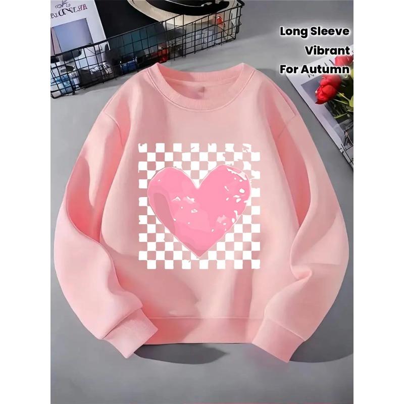 European sizes Kids' Crewneck Sweatshirt - Pink Heart On Checkered Background , Sportswear And Casual Wear, Soft And Comfortable, Children's Clothing