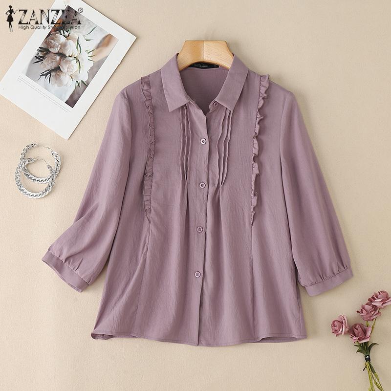 

ZANZEA Women Summer Turn Down Collar Solid Color Loose 3/4 Sleeve Blouse S белый
