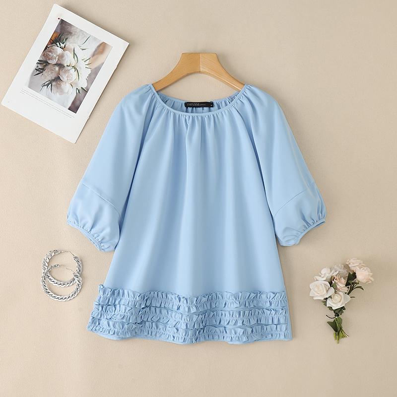 

ZANZEA Женская повседневная блузка с круглым вырезом, однотонная, летняя, с рукавом 3/4 3XL синий