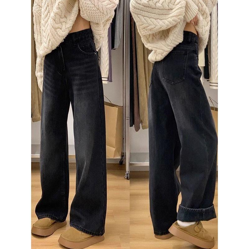 Smoke Grey Plus Size Wide-Leg Jeans for Women - Winter Thickened Straight Pants for Pear-Shaped Body