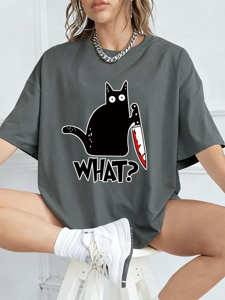Schwarze Katze mit Messer Aufdrucken Kurzarm T-Shirts Damen Sommer Baumwolle T-Shirts Locker O-Ausschnitt Weiche Oberteile Streetwear