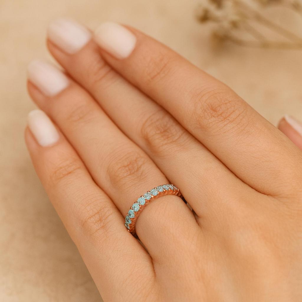 Round Aquamarine Eternity Band – Rose Gold Plated 925 Sterling Silver Full Eternity Ring – Blue Gemstone Wedding Anniversary Ring