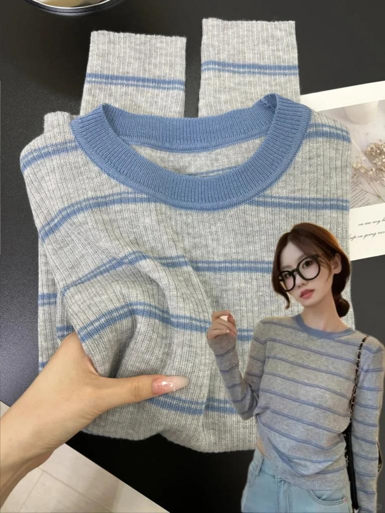 Autumn and winter sweater women's contrasting striped knitted top soft waxy casual versatile front shoulder warm inner long-sleeved bottoming shirt