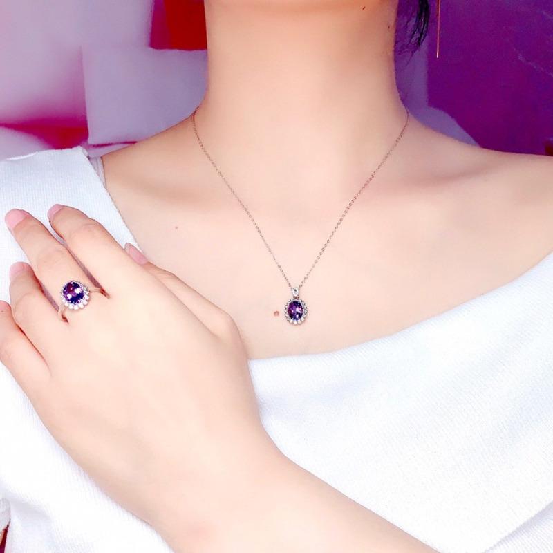 BELLA BOX Nouvelle version coréenne de l'ensemble de bijoux avec pendentif et collier à la mode pour femme, bague ouverte, couleur améthyste ovale, tempérament