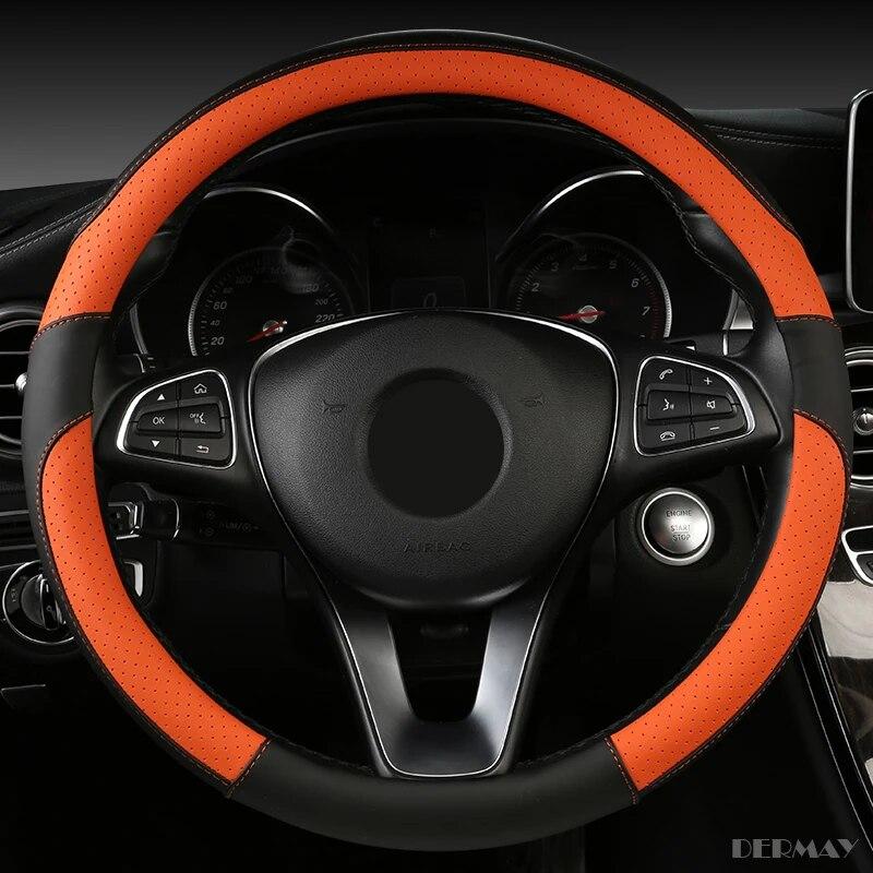 DERMAY  New Car Steering Wheel Cover PU Leather M Size Fit Standard Steering Wheel 37-38cm(14-15") Non-slip & Easy Install