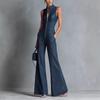 Women's High Neck Sleeveless Slim Fit Solid Color Front Zipper Denim Jumpsuit High Waist Flared Long Pants Vintage Commuter Outfit