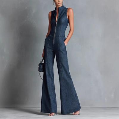 Women's High Neck Sleeveless Slim Fit Solid Color Front Zipper Denim Jumpsuit High Waist Flared Long Pants Vintage Commuter Outfit