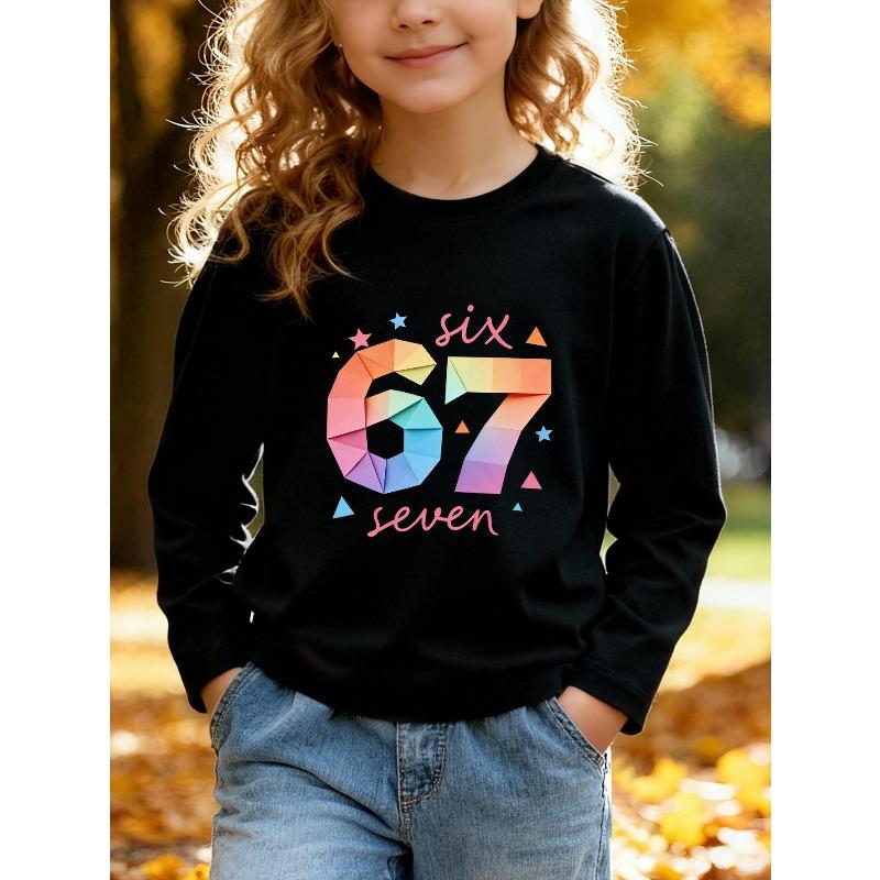 Kids Unisex Cream Crewneck Sweatshirt, Rainbow Origami Geometric 67 Six Seven Print Long Sleeve Pullover, Fleece Sweatshirts for Boys Girls Ages 4+