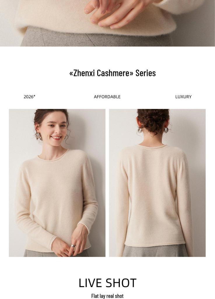 2026 Le Ka Sha Women's Pure Cashmere Round Neck Knit Sweater, 12-Gauge, Rolled Hem