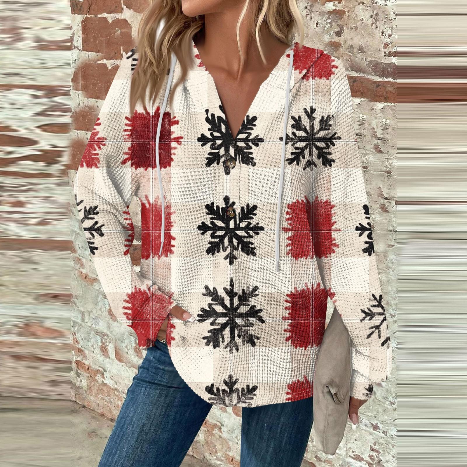

Женский повседневный топ с длинными рукавами, пуговицами, V-образным вырезом, рождественским принтом, завязками и капюшоном XL