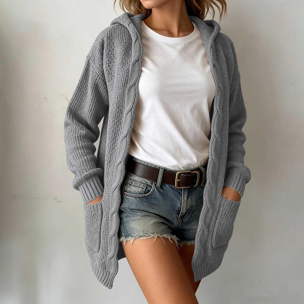 Women's Casual Hooded Cable Knit Cardigan with Pockets, Color Loose Fit