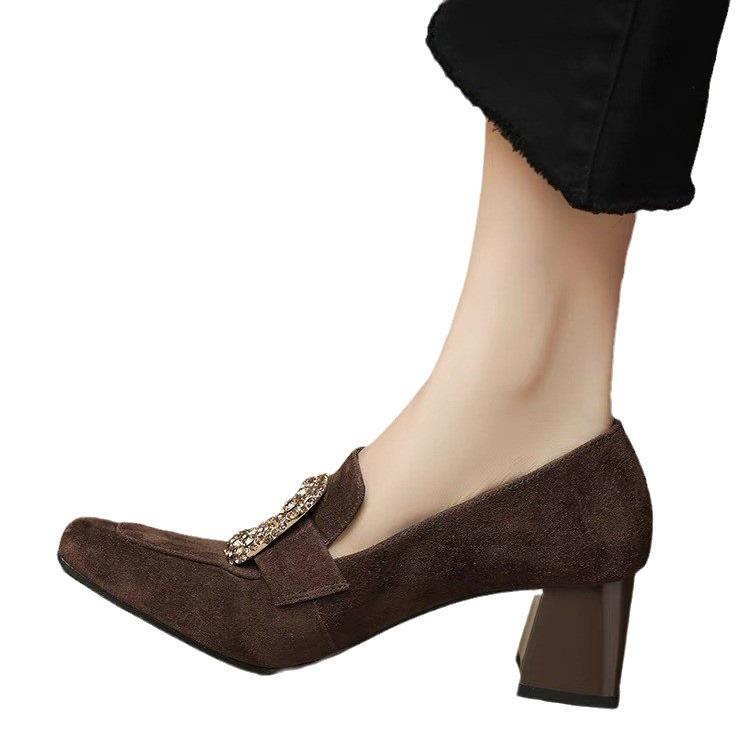 Frosted Leather Square Buckle Rhinestone Thick Heel Single Shoes Women'S Retro Square Head Middle Heel Loafers Shallow Mouth Velvet Women'S Shoes