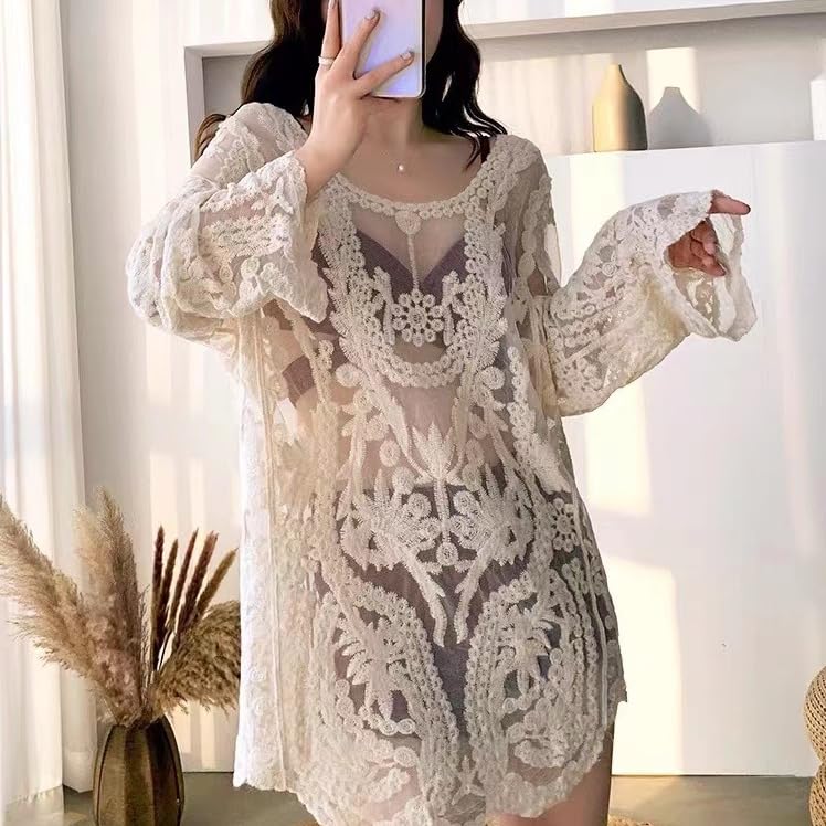 Lace Embroidered Lace Perfect for the and Slimming Swimwear Outerwear [88flix] Top, Long, Beach, Pool, Suntanning, See-Through,