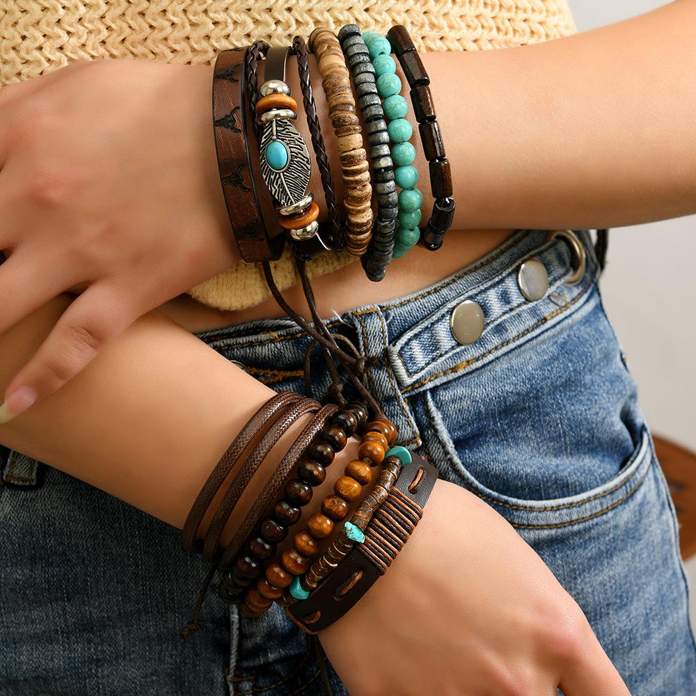 Perles en bois de coquille de noix de coco Perles Bracelets Bracelets en cuir pour hommes et femmes Ensemble de 11 pièces