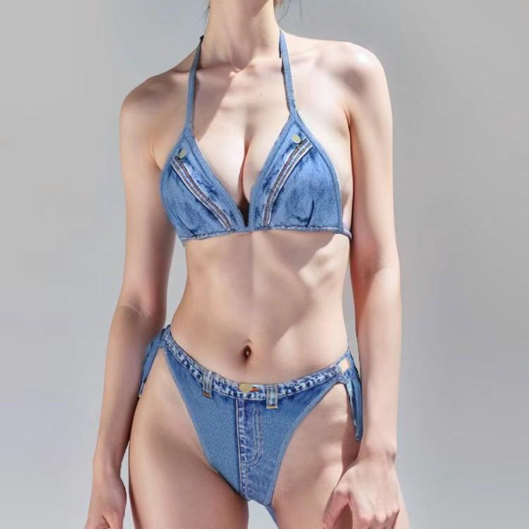 2024 Retro Denim Bikini: European & American Style Backless Split Swimsuit for Women