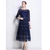 Solid Patchwork Embroidery Cascarding Ruffles Long Dress for Women Slash Neck Lace Hollow Out Office Work Dress Female Clothing
