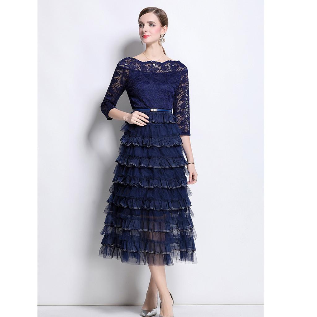 Solid Patchwork Embroidery Cascarding Ruffles Long Dress for Women Slash Neck Lace Hollow Out Office Work Dress Female Clothing