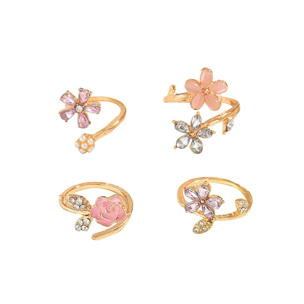 European and American women's ring set, geometric flower drip oil diamond design open ring versatile index finger ring