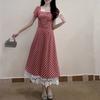 Large size red plaid dress for women's summer belly covering and thin lace splicing sweet a-word skirt