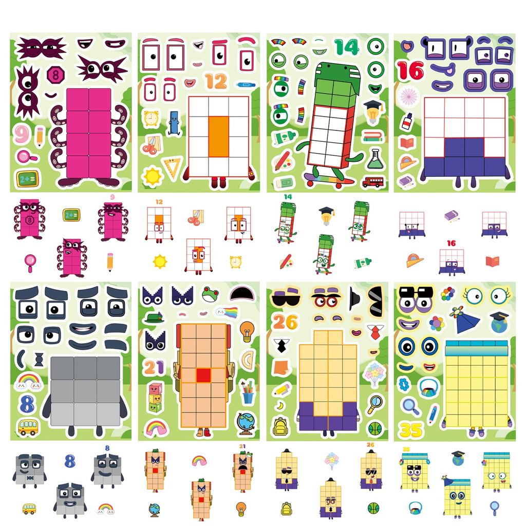 8/16Pcs Number Block Puzzle Make A Face Stickers Educational DIY Waterproof for Storage Box Drawer Guitar Stationery Box Decals