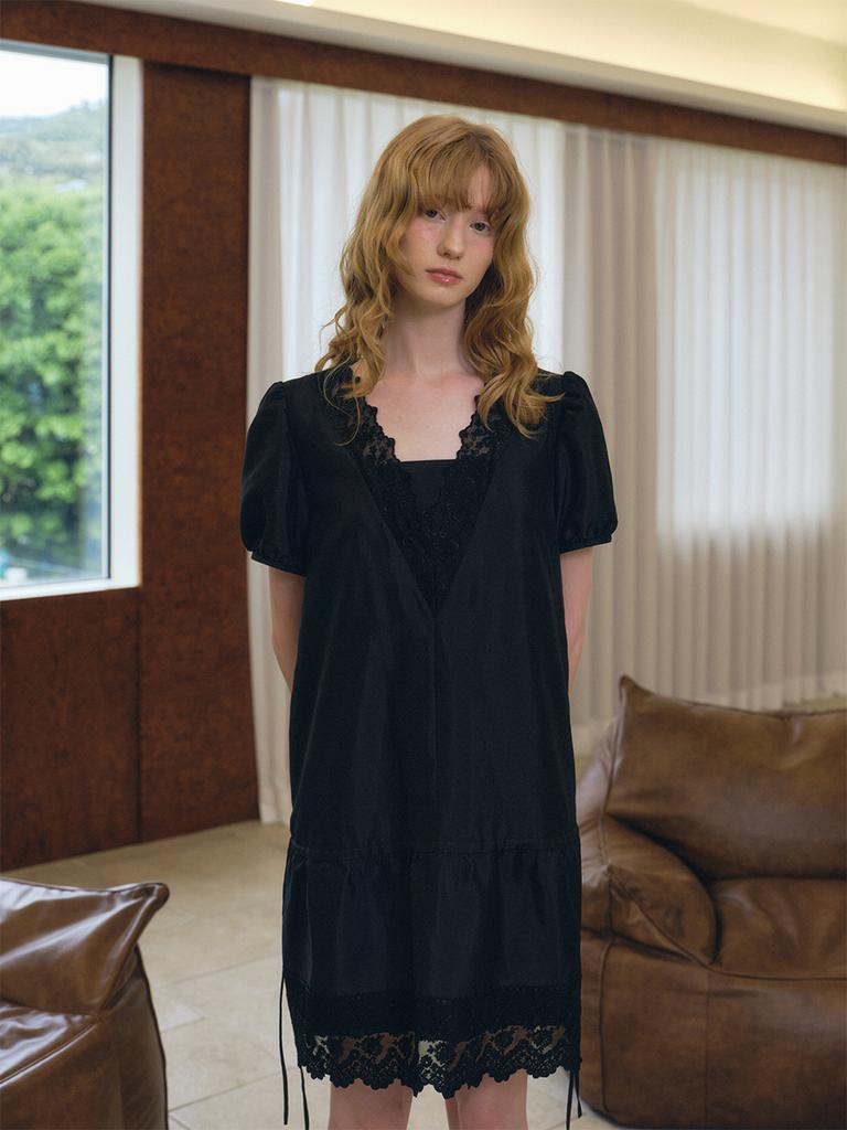 Oal V Neck Lace Drawstring Dress_Black