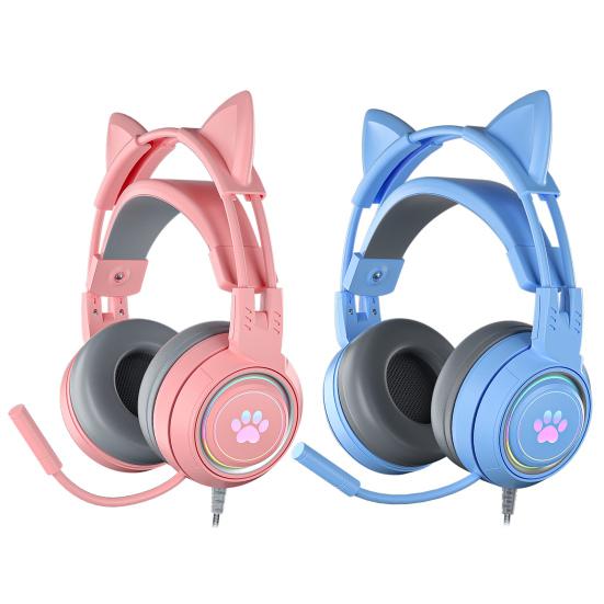 SY-G25 Wired Headphone RGB Lighting Omni-directional Mic Over-Ear Computer Headphone with Cute Cat Ear for E-sport