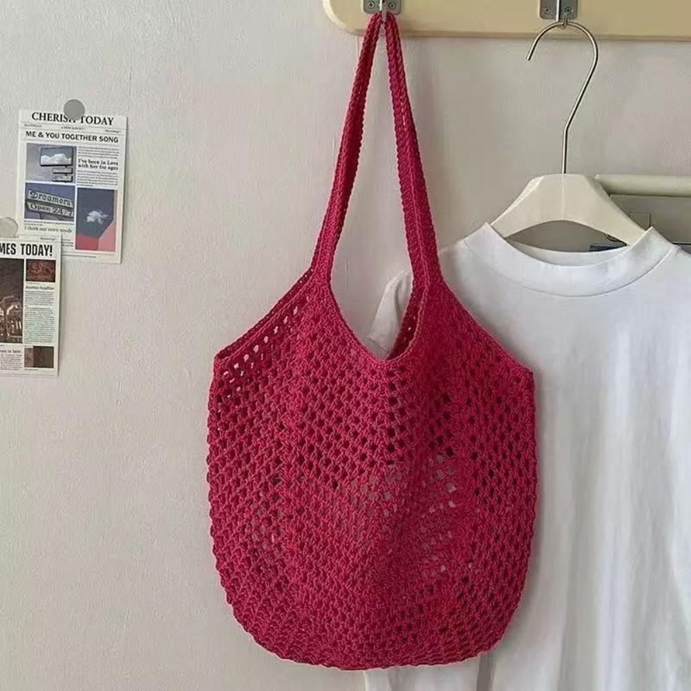 Solid Color Knitting Shoulder Bag Hollow Out Versatile Bohemian Crochet Tote Bag Vintage Elegant Casual Woven Handbag Vacati