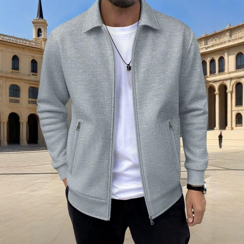 Men S Waffle Solid Color Lapel Zip Up Jacket