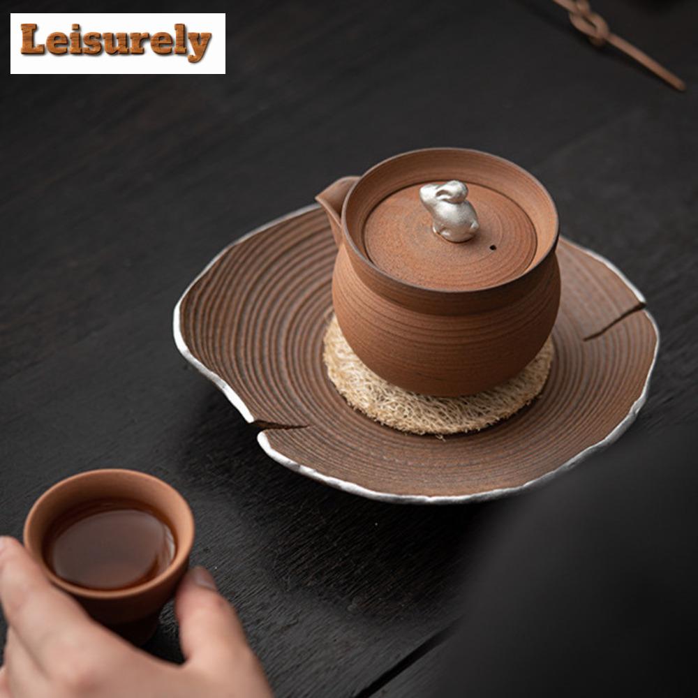 180ml Retro Coarse Pottery Old Rock Mud Hand Grab Po Japanese Gilded Silver Rabbit T Pot Tea Brewing Filter Kettle Kungfu Teaset