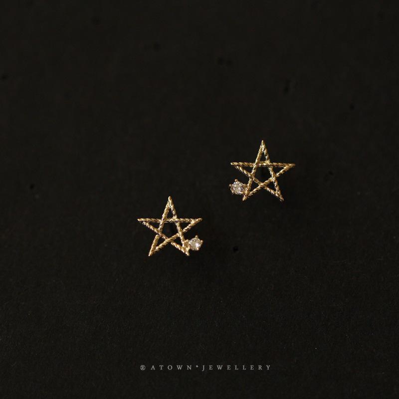 14K Gold-Plated Sterling Silver Star Stud Earrings - Twisted Line Design, Korean Style, Perfect for Birthdays or Everyday Wear Gold Pair (Includes Silver Earplugs)