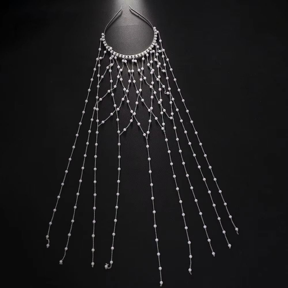 Long Tassel Bridal Hair Chain Imitation Pearl Tassel Headband  Special Occasions