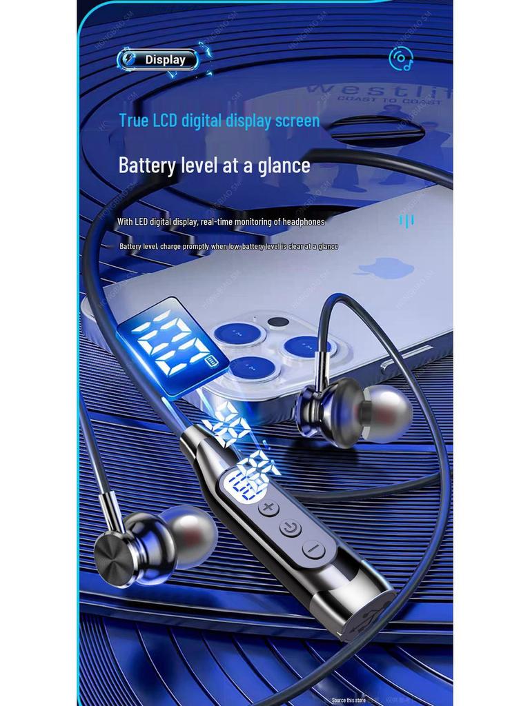 Bluetooth Sports Neckband Headset with Digital Display, Noise Cancelling, and Long Standby for Apple, Huawei, Xiaomi Devices.