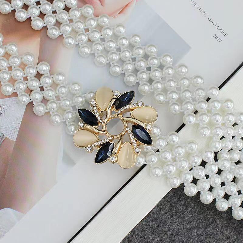 Women's Korean Style Pearl & Rhinestone Elastic Waistband for Dresses and Sweaters